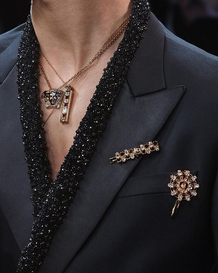 Glamorous Masculinity: Exploring Versace FW20 Tailoring with Crystal Trim and Golden Hardware